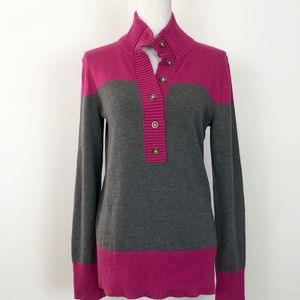 Eddie Bauer New Gray & Pink half Button Front Mock Neck Sweater